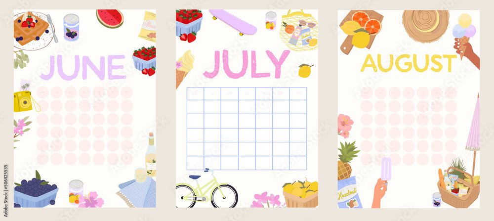 Collection of Summer monthly planner for june, july, august. Summer picnic, season food, leisure activity, summer beach activity. Editable Vector
