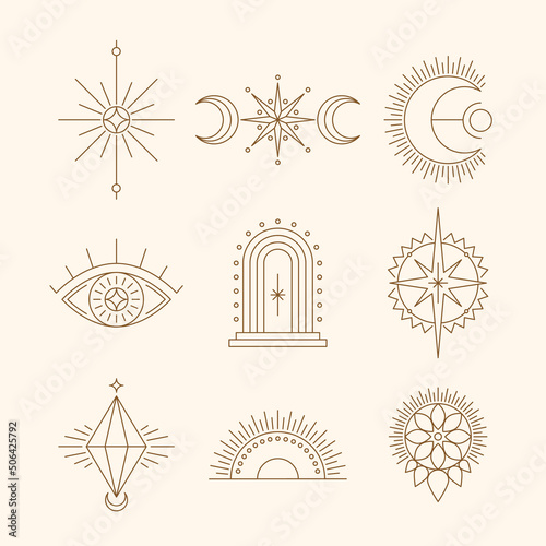 Esoteric symbols, Thin line spiritual illustration. Set of Magic occult emblems