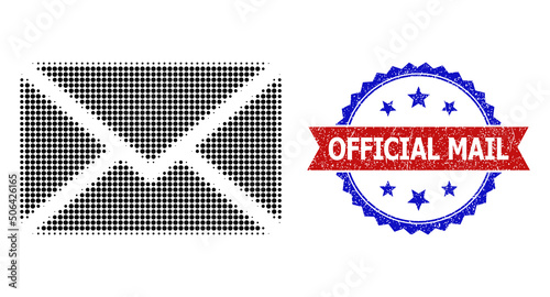 Halftone letter icon, and bicolor grunge Official Mail stamp. Halftone letter icon is constructed with small circle items. Vector watermark with grunge bicolored style,