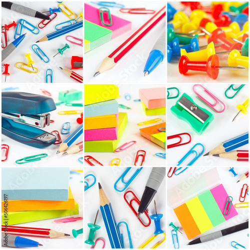 Collage of different office supplies on white background.