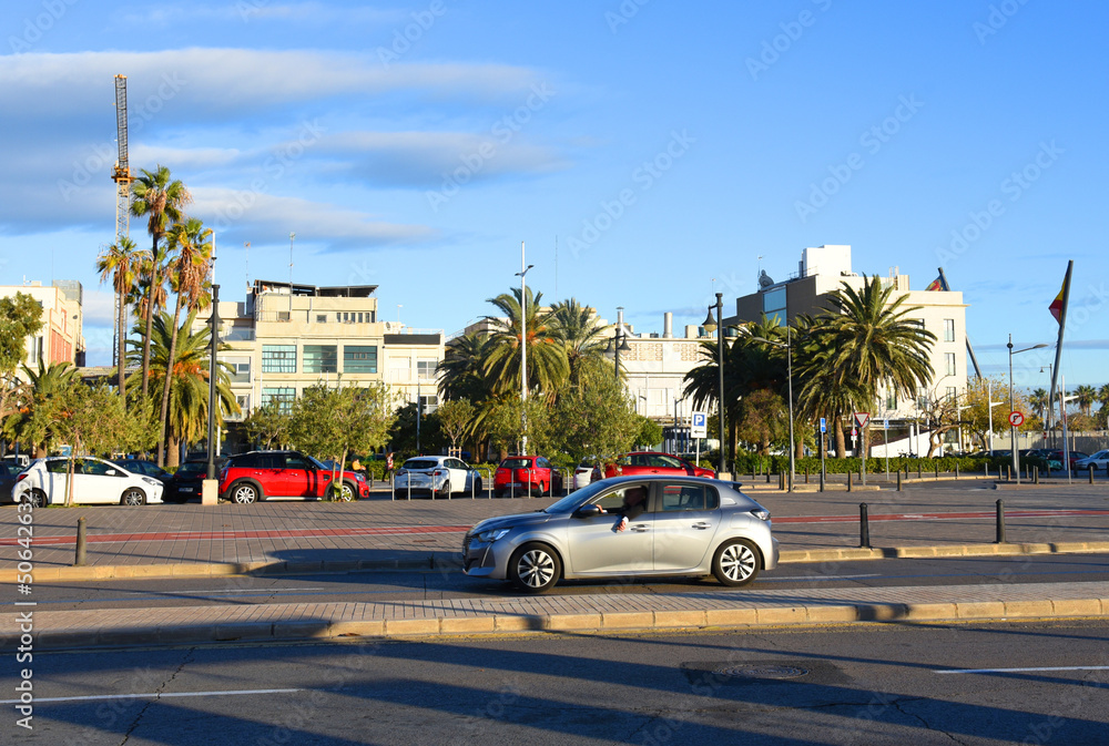 Tropical palm trees and cars on road. Сity street and urban life. Buildings and road traffic, cars. Oceanside, tropical beach palm trees. Green lawns, street in tropical city. Resort city near sea.
