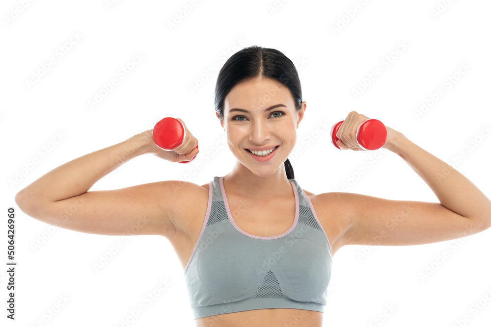 Portrait of sport slim fit strength woman workout in sportswear sitting relax and do fitness exercise with dumbbell on white background.Diet concept.Fitness and healthy lifestyle Portrait of sport slim fit strength woman workout in sportswear sitting relax and do fitness exercise with dumbbell on white background.Diet concept.Fitness and healthy lifestyle