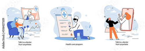 Mobile medicine mhealth online doctor, online medical services, health care program, talk to doctor from anywhere. Smartphone with medical application. Digital health and medical consultation metaphor