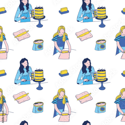 Cake preparation process flat hand drawn seamless pattern. Girl rolling out pastry, cuts a piece of cake. Female cartoon vector characters with desert on white background. Doodle style.