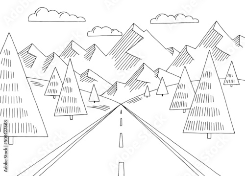 Mountain road simple graphic black white landscape sketch illustration vector