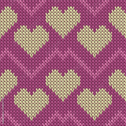 Hygge heart knit traditional vector seamless pattern. Knitting imitation valentine