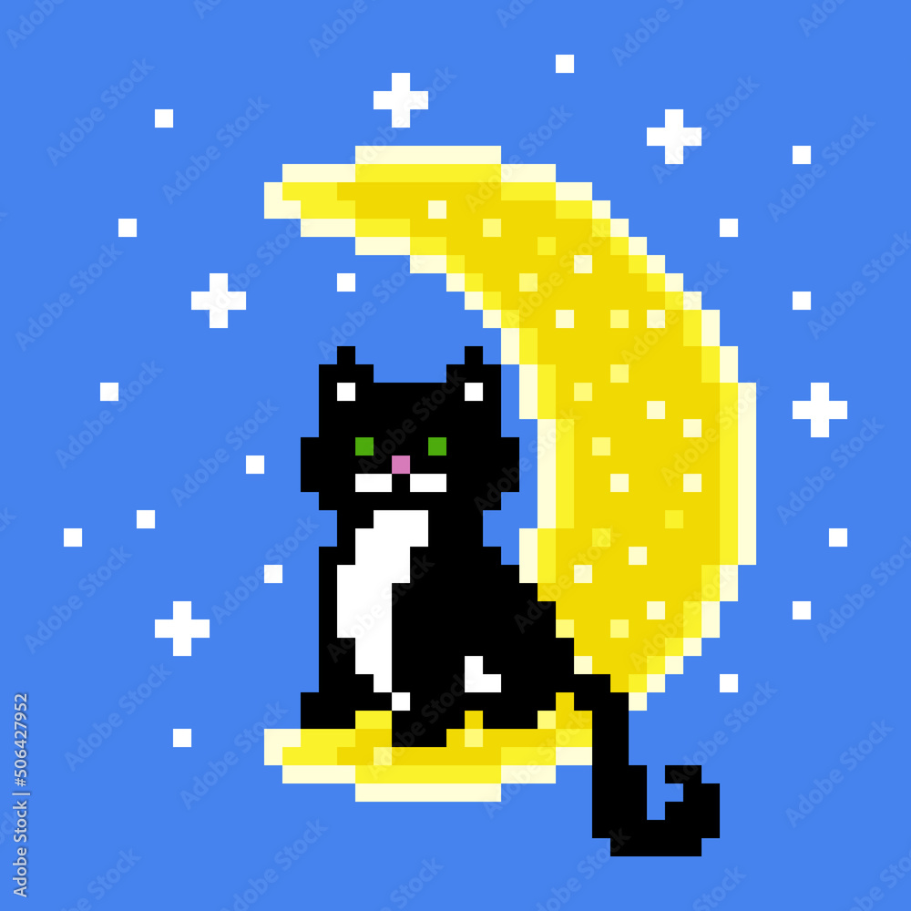 Pixel Art Cartoon Cute Magical Black Cat Character. Stock Vector -  Illustration of isolated, spooky: 238111343