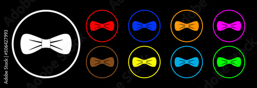 Butterfly tie, set of round icons in different colors.