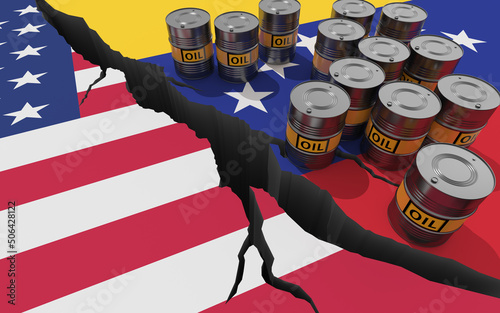 Oil barrels on background of the flags of Venezuela and USA. World financial sanctions on Venezuela oil and gas. Conflict between countries. Oil embargo. 3D render