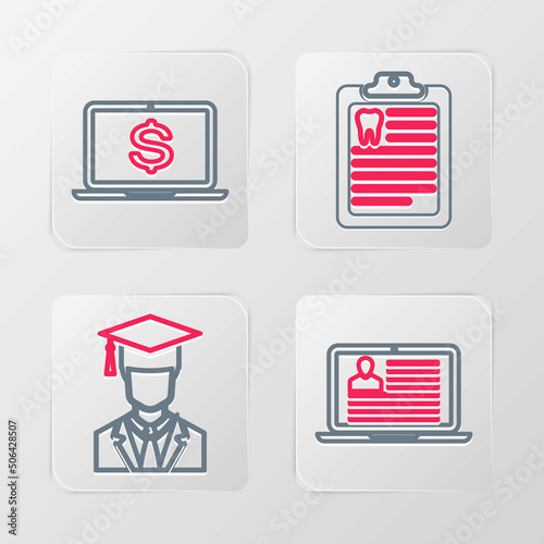 Set line Laptop with resume, Graduate graduation cap, Clipboard dental card and dollar icon. Vector