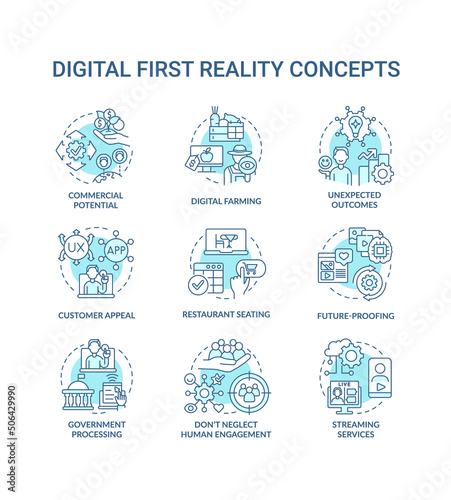 Digital first reality turquoise concept icons set. Ecommerce. Business transformation idea thin line color illustrations. Isolated symbols. Editable stroke. Roboto-Medium, Myriad Pro-Bold fonts used