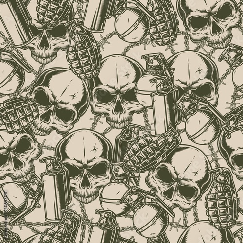 Grenade skulls seamless pattern monochrome
