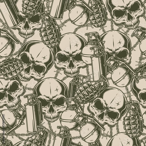 Grenade skulls seamless pattern monochrome