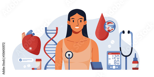 Patient health check up flat vector concept digital illustration. Medical diagnosis of human cardiovascular diseases, blood pressure, heart anatomy. Apps, web services for medical help.