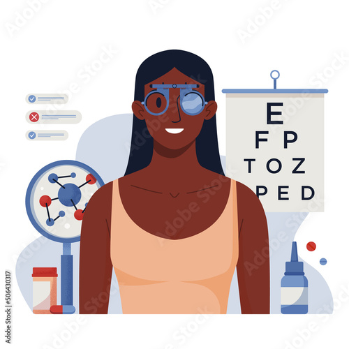Eye test procedure and prescription glasses concept. Ophthalmology medical concept with glasses, eye examination, eye drop. Ophthalmologist doctor eyesight check up. For banner, landing, flyer