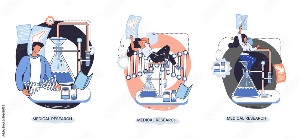 Fototapeta premium Medical research. Laboratory diagnostic services, medical device design development scenes metaphor. Scientists in hemistry clinic laboratories, microbiology pharmaceutical research. Vaccine discovery