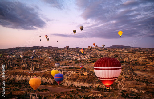 Bright hot air balloon festival flying in Cappadocia, Turkey
