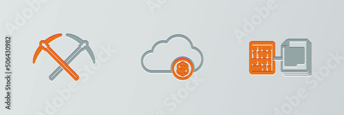 Set line Smart contract, Crossed pickaxe and Cryptocurrency cloud mining icon. Vector