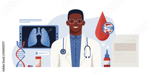 Consultation with a doctor. Full body health check up. Lung inspection concept. Pulmonology of human, illustration for website, app, banner. Fibrosis, tuberculosis, pneumonia, cancer, diagnosis, scan
