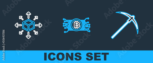 Set line Pickaxe, Distribution and Cryptocurrency bitcoin in circuit icon. Vector