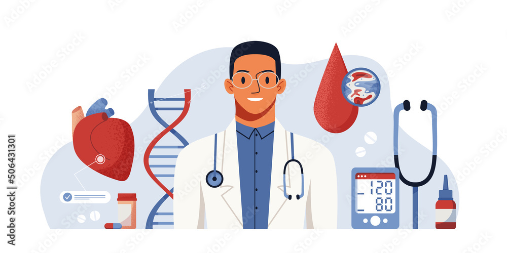 Naklejka premium Consultation with a doctor. Full body health appointment vector concept digital illustration. Health check up. Medical diagnosis of human cardiovascular diseases, blood pressure, heart anatomy.