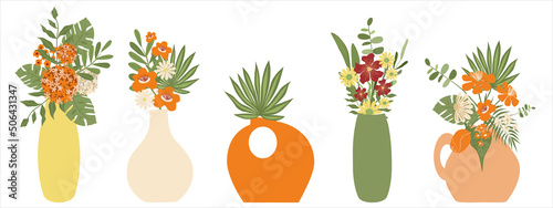 Set of different beautiful bouquets with garden and wildflowers  in vases vector flat illustration. Collection of different flowering plants in vases  with stems and leaves isolated on white