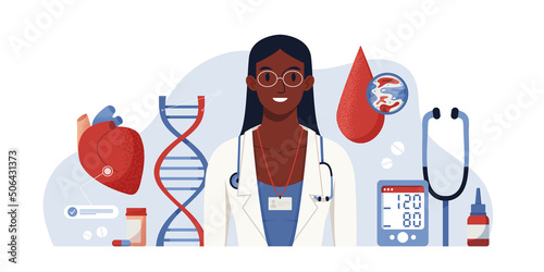 Consultation with a doctor. Full body health appointment vector concept digital illustration. Health check up. Medical diagnosis of human cardiovascular diseases, blood pressure, heart anatomy.