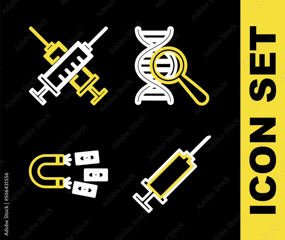 Set line DNA research, search, Syringe, Magnet with money and Crossed syringe icon. Vector Set line DNA research, search, Syringe, Magnet with money and Crossed syringe icon. Vector