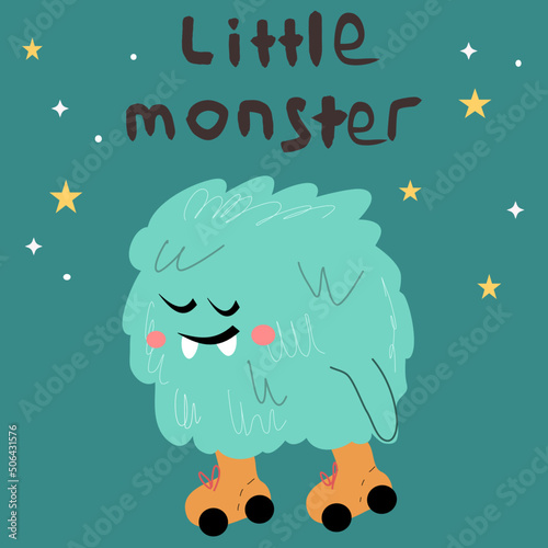 cute monster with fangs on roller skates hand drawn. Furry beast   in cartoon style