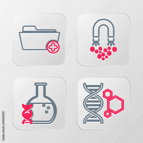 Set line Genetic engineering, DNA research, search, Magnet with money and Health record folder icon. Vector