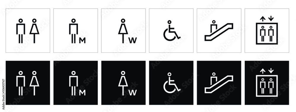 male and female toilet symbols. disabled icon. gender icon. restroom pictogram. Elevator and Escalator public signage. WC signage - obrazy, fototapety, plakaty 