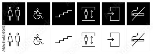 male and female toilet symbols. disabled icon. gender icon. restroom pictogram. EXIT and No Smoking public signage. WC signage
