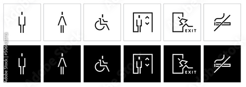 male and female toilet symbols. disabled icon. gender icon. restroom pictogram. EXIT and No Smoking public signage. WC signage symbol. photo
