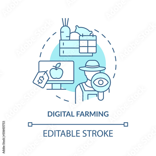 Digital farming turquoise concept icon. Buy farm products online. Digital first abstract idea thin line illustration. Isolated outline drawing. Editable stroke. Arial, Myriad Pro-Bold fonts used