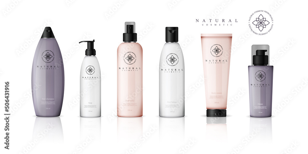 Realistic cosmetic bottles with gradient design on white background. Cosmetic cream containers and tubes for cream, lotion, shampoo, gel, balsam, conditioner, and spray. 3d Vector Illustration Realistic cosmetic bottles with gradient design on white background. Cosmetic cream containers and tubes for cream, lotion, shampoo, gel, balsam, conditioner, and spray. 3d Vector Illustration