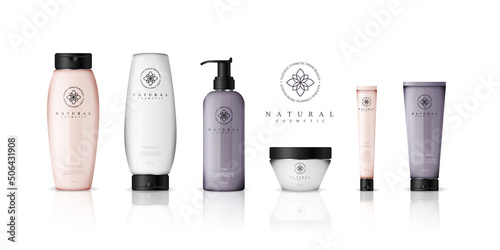 Realistic cosmetic bottles with gradient design on white background. Cosmetic cream containers and tubes for cream, lotion, shampoo, gel, balsam, conditioner, and spray. 3d Vector Illustration