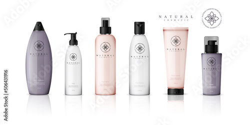 Realistic cosmetic bottles with gradient design on white background. Cosmetic cream containers and tubes for cream, lotion, shampoo, gel, balsam, conditioner, and spray. 3d Vector Illustration
