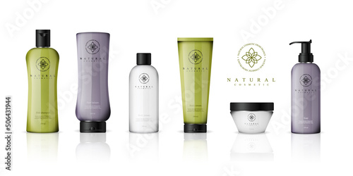 Realistic cosmetic bottles with gradient design on white background. Cosmetic cream containers and tubes for cream, lotion, shampoo, gel, balsam, conditioner, and spray. 3d Vector Illustration