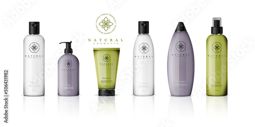 Realistic cosmetic bottles with gradient design on white background. Cosmetic cream containers and tubes for cream, lotion, shampoo, gel, balsam, conditioner, and spray. 3d Vector Illustration