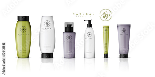 Realistic cosmetic bottles with gradient design on white background. Cosmetic cream containers and tubes for cream, lotion, shampoo, gel, balsam, conditioner, and spray. 3d Vector Illustration