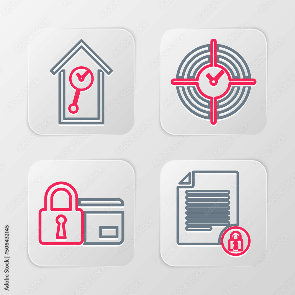 Set line Document and lock, Credit card with, Time Management and Retro wall watch icon. Vector Set line Document and lock, Credit card with, Time Management and Retro wall watch icon. Vector