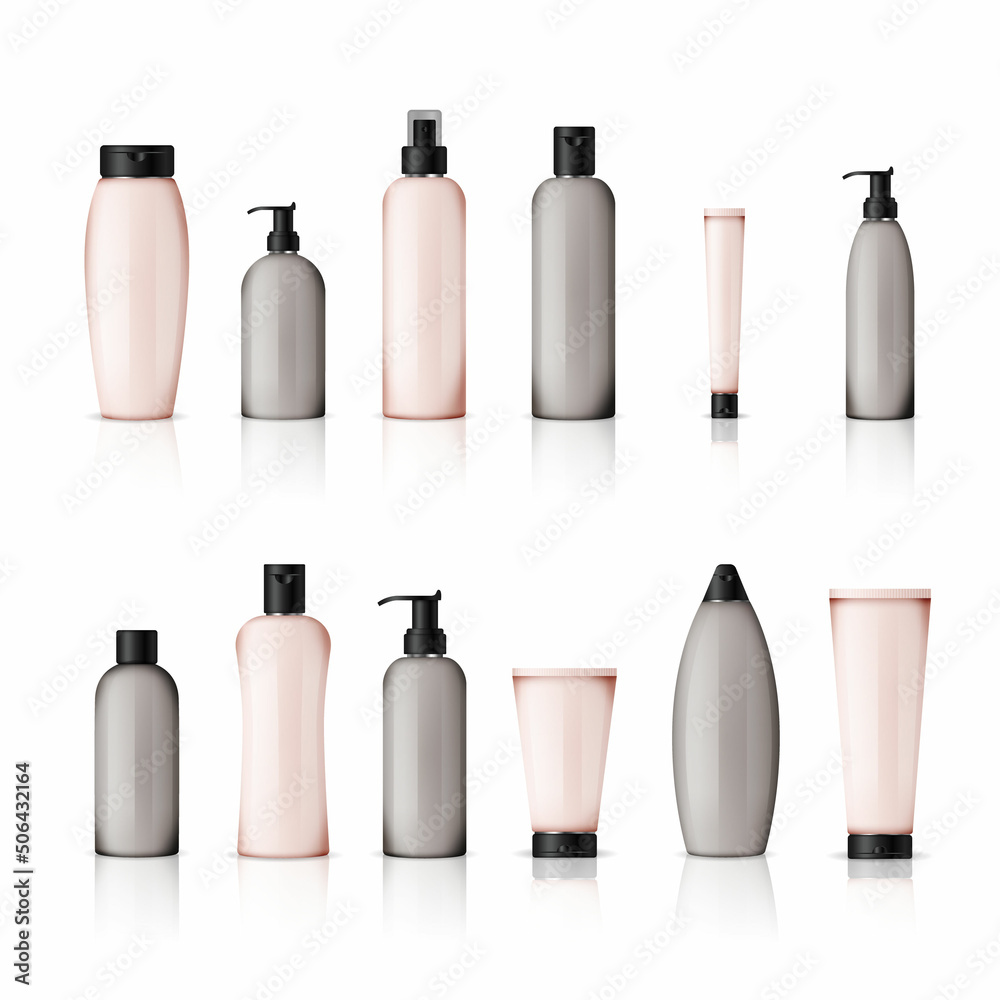Realistic cosmetic bottles with gradient design on white background. Cosmetic cream containers and tubes for cream, lotion, shampoo, gel, balsam, conditioner, and spray. 3d Vector Illustration Realistic cosmetic bottles with gradient design on white background. Cosmetic cream containers and tubes for cream, lotion, shampoo, gel, balsam, conditioner, and spray. 3d Vector Illustration