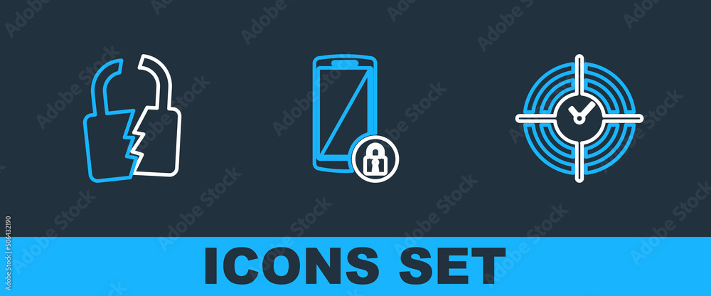 Set line Time Management, Broken or cracked lock and Smartphone with icon. Vector Set line Time Management, Broken or cracked lock and Smartphone with icon. Vector