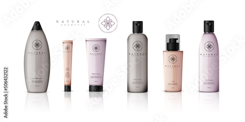 Realistic cosmetic bottles with gradient design on white background. Cosmetic cream containers and tubes for cream, lotion, shampoo, gel, balsam, conditioner, and spray. 3d Vector Illustration