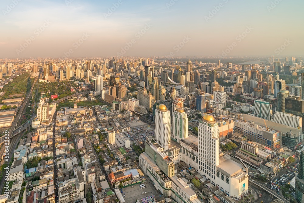 The city skyline of Bangkok Thailand and its skyscrapers at sunset