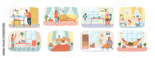 Reading people flat character set with books magazines literature isolated vector illustration. Young male and female readers dressed in trendy clothes relaxing at home with books or textbooks