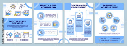 Digital first services brochure template. Electronic commerce. Leaflet design with linear icons. 4 vector layouts for presentation, annual reports. Arial-Black, Myriad Pro-Regular fonts used