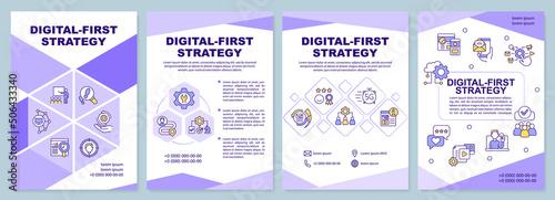 Digital first strategy brochure template. Digital marketing. Leaflet design with linear icons. 4 vector layouts for presentation, annual reports. Arial-Black, Myriad Pro-Regular fonts used
