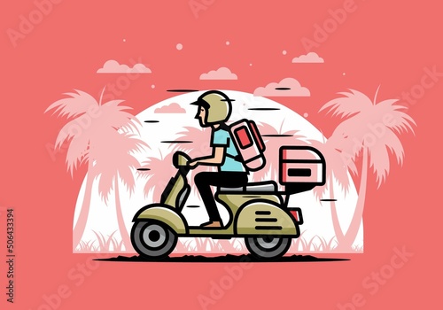 Man goes on vacation riding scooter illustration