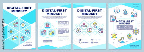 Digital first mindset brochure template. Business strategy. Leaflet design with linear icons. 4 vector layouts for presentation, annual reports. Arial-Black, Myriad Pro-Regular fonts used